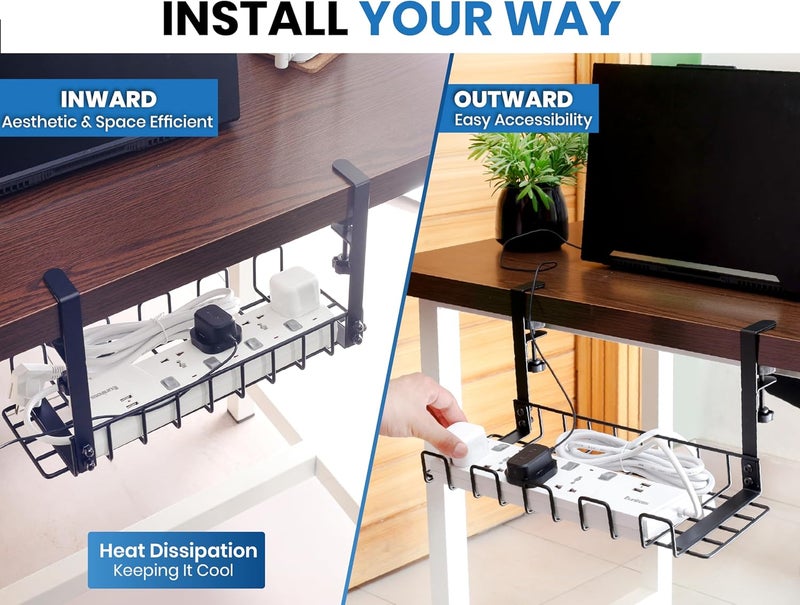 WTADAY Under Desk Cable Management Tray, 16” No Drill Cord Organizer with Clamps for Wire Management, 4mm Sturdy Wire Desk Cable Organizer Tray, Cable Management Rack for Home & Office (Pack of 2) - Image 4